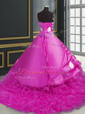 Organza Sweetheart Sleeveless Brush Train Lace Up Embroidery and Ruffles Quinceanera Dresses in Fuchsia