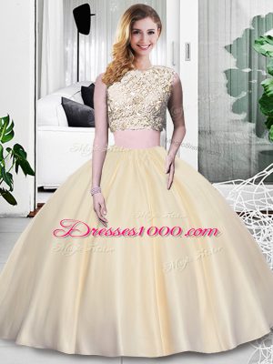 Dramatic Champagne Scoop Zipper Lace and Appliques and Ruching Quinceanera Dresses Sleeveless