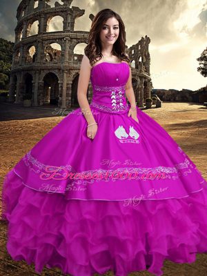 Fuchsia Vestidos de Quinceanera Military Ball and Sweet 16 and Quinceanera with Embroidery and Ruffled Layers Strapless Sleeveless Zipper