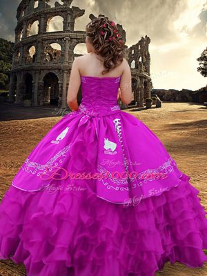 Fuchsia Vestidos de Quinceanera Military Ball and Sweet 16 and Quinceanera with Embroidery and Ruffled Layers Strapless Sleeveless Zipper