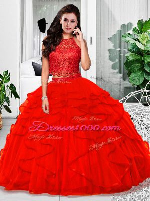 Noble Red Zipper Halter Top Lace and Ruffles Quinceanera Dresses Tulle Sleeveless