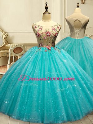 Glamorous Aqua Blue Lace Up Sweet 16 Dresses Appliques and Sequins Sleeveless Floor Length