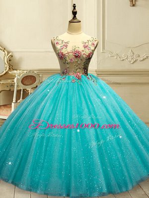 Glamorous Aqua Blue Lace Up Sweet 16 Dresses Appliques and Sequins Sleeveless Floor Length