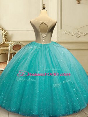 Glamorous Aqua Blue Lace Up Sweet 16 Dresses Appliques and Sequins Sleeveless Floor Length