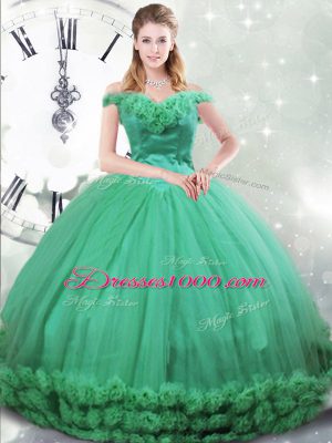 Turquoise Sleeveless Brush Train Hand Made Flower Quinceanera Gowns
