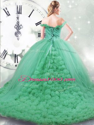 Turquoise Sleeveless Brush Train Hand Made Flower Quinceanera Gowns