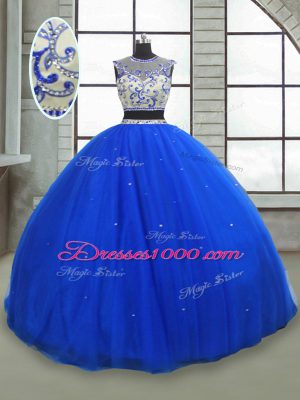 Two Pieces Sweet 16 Dress Royal Blue Scoop Tulle Sleeveless Floor Length Lace Up