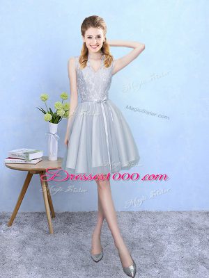 Wonderful Silver V-neck Lace Up Lace Bridesmaid Dresses Sleeveless