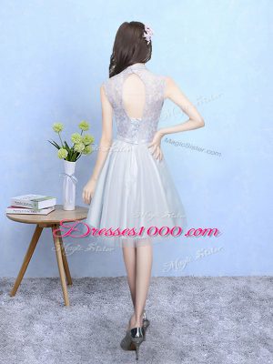 Wonderful Silver V-neck Lace Up Lace Bridesmaid Dresses Sleeveless