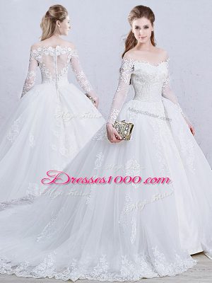 White Ball Gowns Lace and Appliques Wedding Dresses Zipper Tulle Long Sleeves