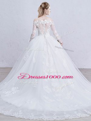 White Ball Gowns Lace and Appliques Wedding Dresses Zipper Tulle Long Sleeves