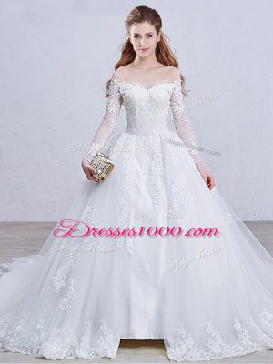 White Ball Gowns Lace and Appliques Wedding Dresses Zipper Tulle Long Sleeves