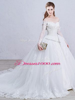 White Ball Gowns Lace and Appliques Wedding Dresses Zipper Tulle Long Sleeves