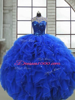 Amazing Floor Length Zipper Vestidos de Quinceanera Royal Blue for Military Ball and Sweet 16 and Quinceanera with Ruffles and Sequins