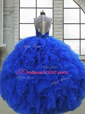 Amazing Floor Length Zipper Vestidos de Quinceanera Royal Blue for Military Ball and Sweet 16 and Quinceanera with Ruffles and Sequins