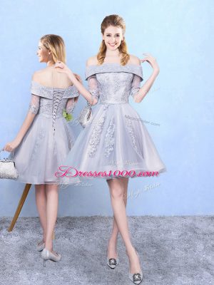 Clearance Grey Half Sleeves Tulle Lace Up Dama Dress for Quinceanera for Prom and Party and Wedding Party