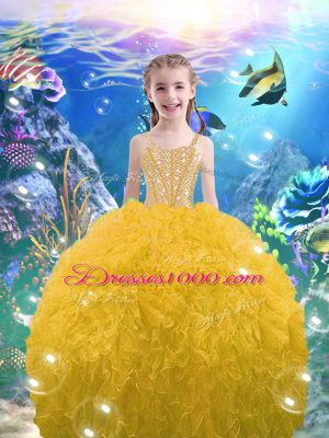Gold Sleeveless Floor Length Beading and Ruffles Lace Up Quinceanera Dresses