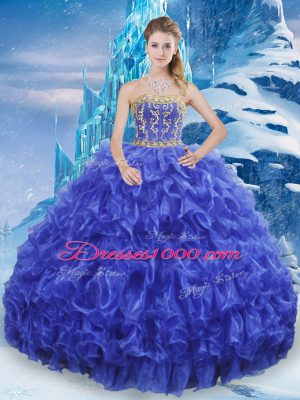 Deluxe Royal Blue Ball Gowns Beading and Appliques and Ruffles Quinceanera Gowns Lace Up Organza Sleeveless Floor Length