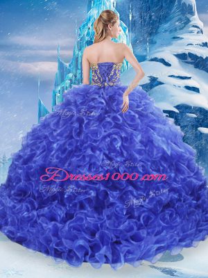 Deluxe Royal Blue Ball Gowns Beading and Appliques and Ruffles Quinceanera Gowns Lace Up Organza Sleeveless Floor Length