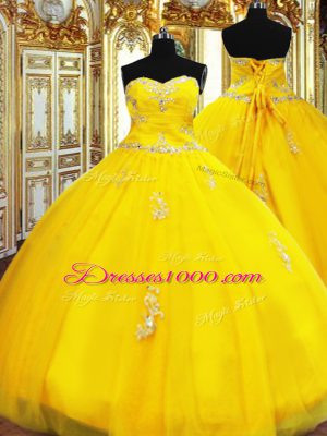 Custom Designed Gold Lace Up Sweetheart Beading and Appliques Quinceanera Gown Organza Sleeveless