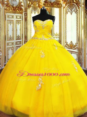 Custom Designed Gold Lace Up Sweetheart Beading and Appliques Quinceanera Gown Organza Sleeveless