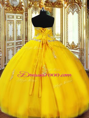 Custom Designed Gold Lace Up Sweetheart Beading and Appliques Quinceanera Gown Organza Sleeveless