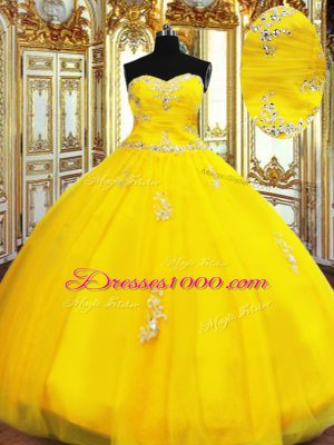 Custom Designed Gold Lace Up Sweetheart Beading and Appliques Quinceanera Gown Organza Sleeveless
