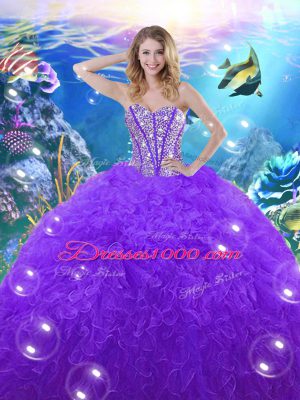 New Arrival Purple Lace Up Sweet 16 Dress Beading and Ruffles Sleeveless Floor Length