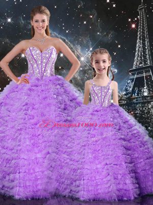 Admirable Lavender Sleeveless Floor Length Beading and Ruffles Lace Up Sweet 16 Dress