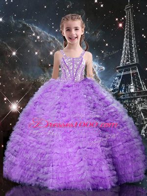 Admirable Lavender Sleeveless Floor Length Beading and Ruffles Lace Up Sweet 16 Dress
