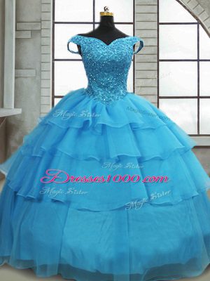 Flirting Baby Blue Off The Shoulder Lace Up Beading and Ruffled Layers Sweet 16 Dress Brush Train Sleeveless