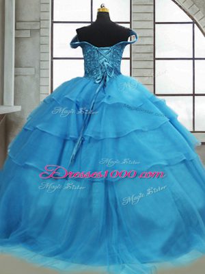 Flirting Baby Blue Off The Shoulder Lace Up Beading and Ruffled Layers Sweet 16 Dress Brush Train Sleeveless