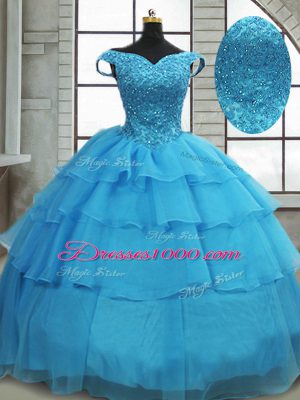 Flirting Baby Blue Off The Shoulder Lace Up Beading and Ruffled Layers Sweet 16 Dress Brush Train Sleeveless