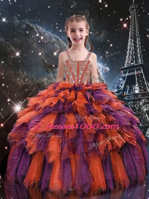 Rust Red Sleeveless Floor Length Beading and Ruffles Lace Up Little Girl Pageant Gowns