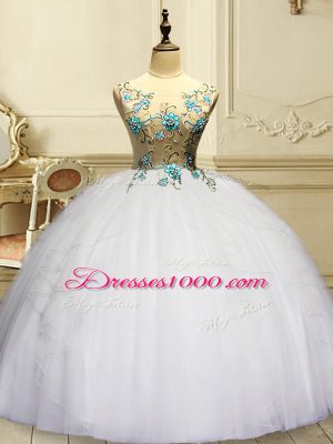 On Sale White Lace Up Scoop Appliques and Ruffles Quinceanera Gowns Organza Sleeveless