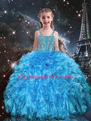 Floor Length Baby Blue Pageant Gowns For Girls Organza Sleeveless Beading and Ruffles