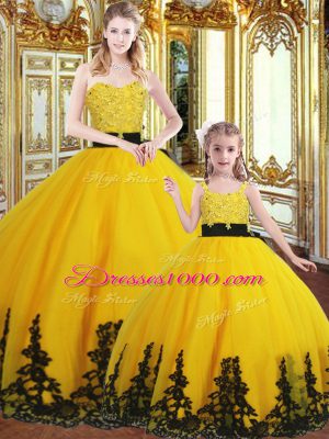 Exceptional Gold Sleeveless Floor Length Beading and Appliques Lace Up Sweet 16 Quinceanera Dress