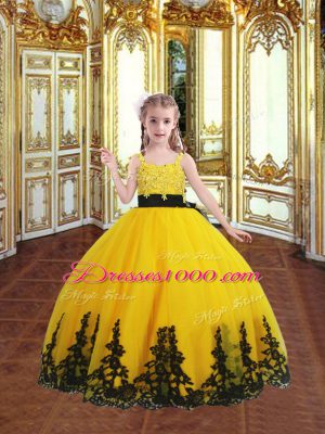 Exceptional Gold Sleeveless Floor Length Beading and Appliques Lace Up Sweet 16 Quinceanera Dress