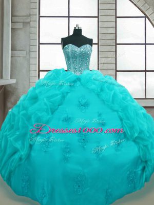 Aqua Blue Sweetheart Lace Up Beading and Appliques and Pick Ups Sweet 16 Quinceanera Dress Sleeveless