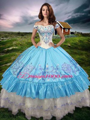 New Style Baby Blue Lace Up Off The Shoulder Beading and Embroidery and Ruffled Layers Sweet 16 Quinceanera Dress Taffeta Sleeveless