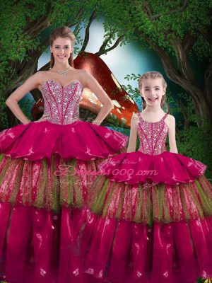Great Fuchsia Sweetheart Lace Up Beading and Ruffled Layers Quinceanera Gowns Sleeveless