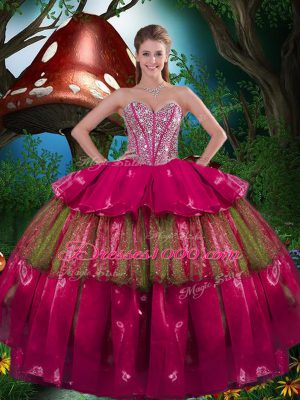 Great Fuchsia Sweetheart Lace Up Beading and Ruffled Layers Quinceanera Gowns Sleeveless