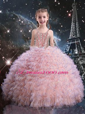Baby Pink Sleeveless Beading and Ruffles Floor Length Sweet 16 Dress