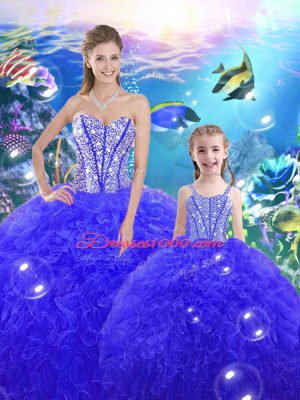 Beautiful Sleeveless Floor Length Beading and Ruffles Lace Up Quinceanera Gown with Royal Blue