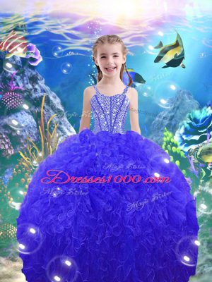 Beautiful Sleeveless Floor Length Beading and Ruffles Lace Up Quinceanera Gown with Royal Blue