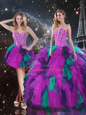 Floor Length Lace Up Sweet 16 Dresses Multi-color for Military Ball and Sweet 16 and Quinceanera with Beading and Ruffles
