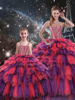 Floor Length Lace Up Vestidos de Quinceanera Multi-color for Military Ball and Sweet 16 and Quinceanera with Beading and Ruffles and Ruffled Layers