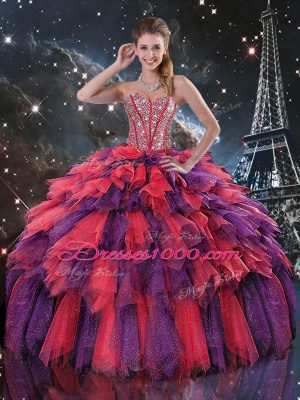 Floor Length Lace Up Vestidos de Quinceanera Multi-color for Military Ball and Sweet 16 and Quinceanera with Beading and Ruffles and Ruffled Layers