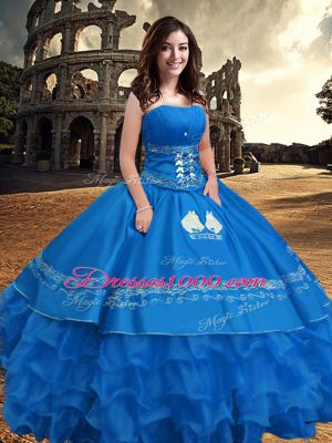 Perfect Strapless Sleeveless Taffeta Sweet 16 Dresses Embroidery and Ruffled Layers Zipper