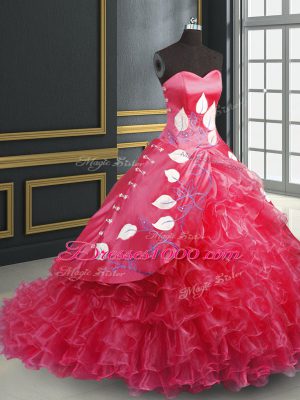 Sweetheart Sleeveless Brush Train Lace Up Quinceanera Dress Coral Red Organza